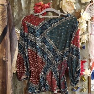 Melissa Paige Red and Blue Patterned Blouse